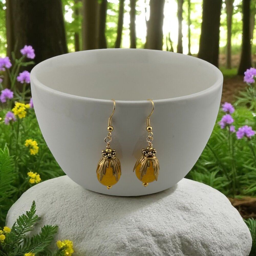 Natural Yellow Jade Earrings Gold Plated Ear Wires 2" Drop